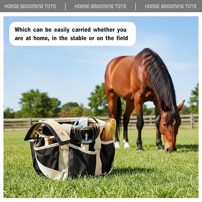 Abbylike Grooming Tote Bag for Horses and Dogs Organize Tack Tools Equestrian Grooming Kit Care Portable with Multiple Pockets for Supplies (Stylish,10.63 x 10.63 x 9.45 Inch,Khaki and Black)