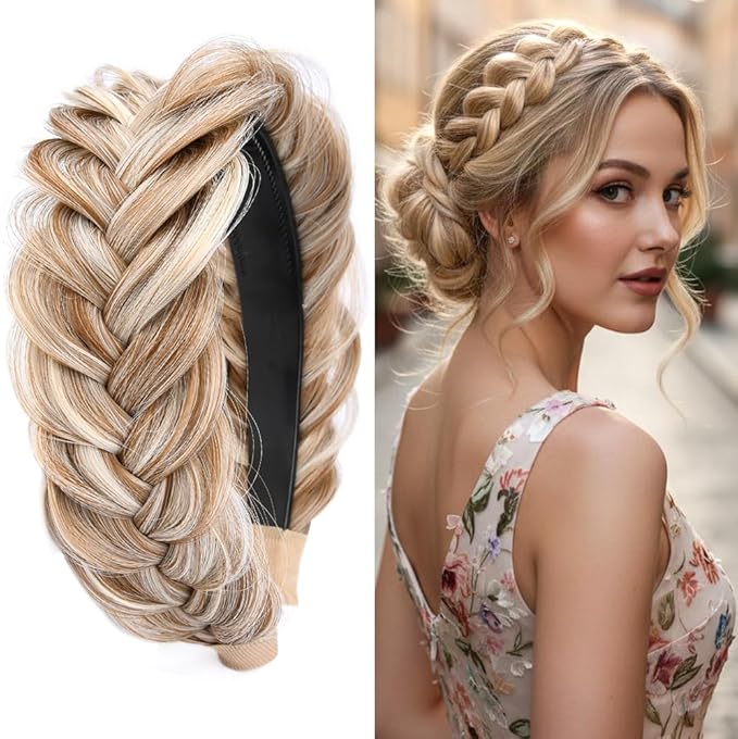 DIGUAN Wide Messy Braided Headband With Teeth Synthetic Hair Plaited Headband High Elasticity Braids Fishtail Braided Hair Band Hairpiece for Girls Women (Sandy Blonde)