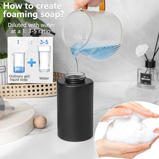 Foaming Soap Dispenser Set, 12 Oz Glass Hand Soap Dispenser with 304 Rust Proof Stainless Steel Pump, Waterproof Labels, for Bathroom Decor Kitchen College Dorm, Black Silver Pump 2 Pack