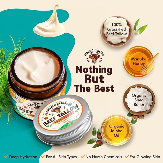 Beef Tallow for Skin - Moisturizer Cream - 100% Grass Fed - Whipped Beef Tallow - Manuka Honey - Organic Jojoba Oil, Shea Butter - Supports Eczema, Rosacea - USA - Fragrence Free - 4 oz