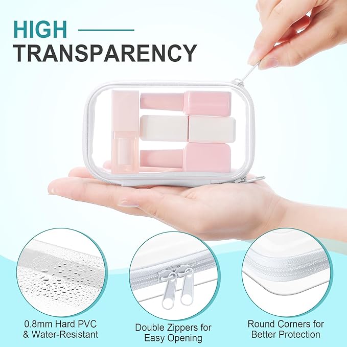 Hoolerry 4 Pcs Hard Clear Zipper Case Makeup Bags Plastic Zipper Pouch Transparent Storage Box Containers for Cosmetics, Snacks, Building Blocks, Puzzles(Clear,5 x 3 x 2 in,White)