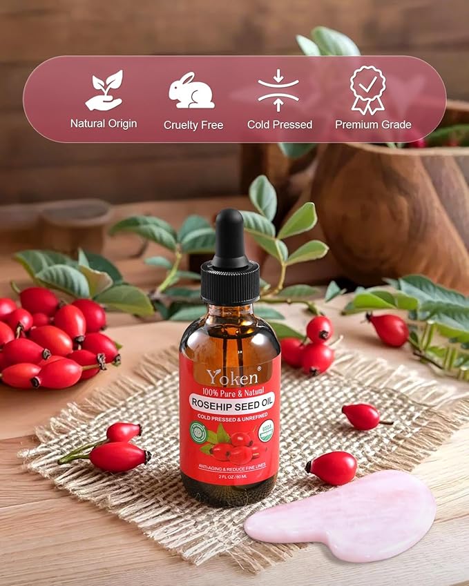 Organic Rosehip Seed Oil for Face, 100% Pure and Natural Cold Pressed Unrefined Rosehip Oil Carrier for Skin, Hair & Nails - Lightweight, Fast-Absorbing (2 fl oz)