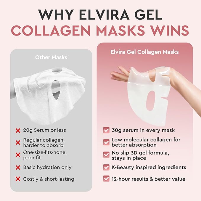 Elvira Bio-Collagen Real Deep Mask, Overnight Hydrating Face Mask with Hyaluronic Acid, Korean Skincare Face Mask for Moisturizing and Firming, Face Masks Sheet for All Skin Types, 4 Pack