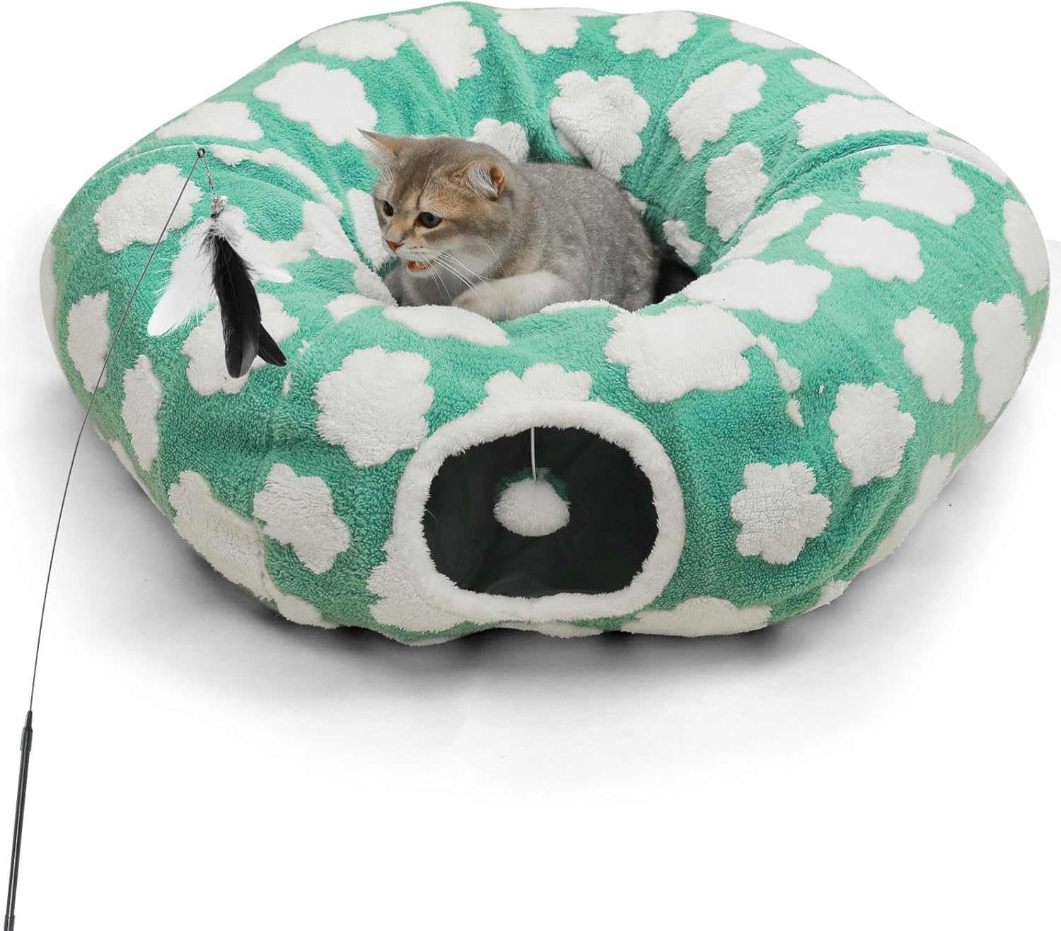 Cat Tunnel Bed for Indoor Cats,Soft Peekaboo Cave Cat Donut Tunnel with Washable Circle Cushion Central Mat, 3 Ways Shaped Round Pet Play Tunnel Toy for Kitten Puppy Rabbit Ferret Green