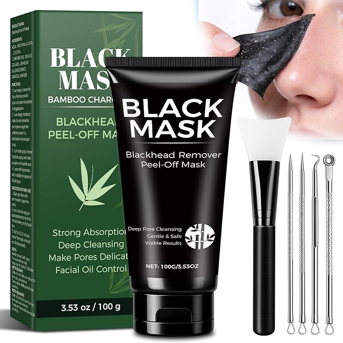 Blackhead Remover Mask Kit, 100ml Charcoal Peel Off Face Mask for Men & Women, Facial Mask Deep Cleansing for Face Nose Blackhead Pores Acne, for Oily & Combination Skin
