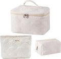 uekeboag 3Pcs White Quilted Cotton Makeup Pouch,Coquette Quilted Toiletry Bag for Women and Girls, Floral Coquette Organizer Bag, Aesthetic Travel Cosmetic Bags(3Pcs White Shell)