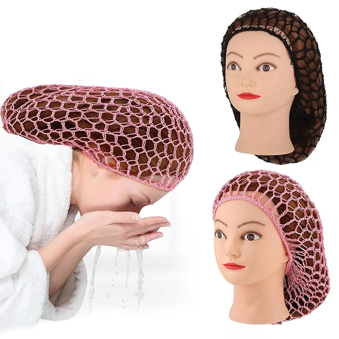 Mesh Hair Net Rayon Knit Snood Hat Crochet Wraps Sleep Cap Soft Hairnet Large Cover Ornament Accessory (Black+Pink)