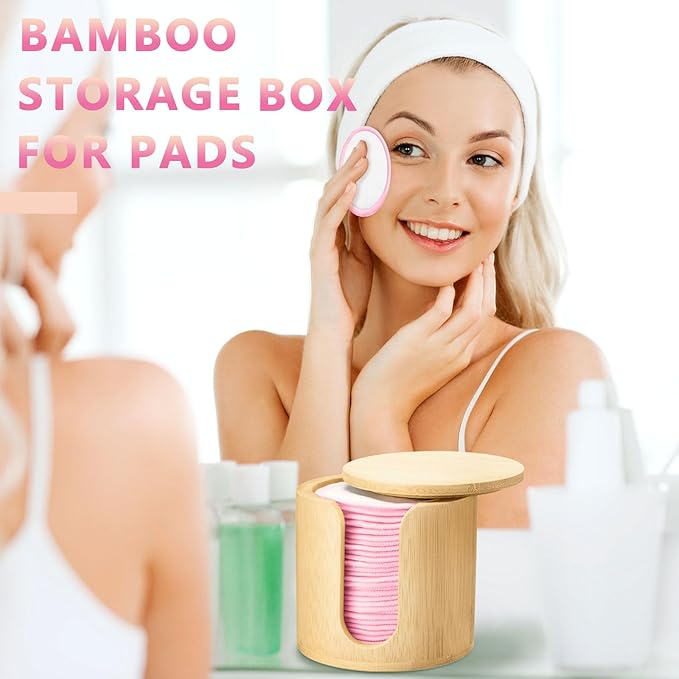 Foaincore 40 Pcs Reusable Makeup Remover Pads with Mesh Storage Bag and Bamboo Box Washable Bamboo Cotton Rounds Soft Reusable Face Pad for Toner Skin Various Skin Care Products(White Pink)