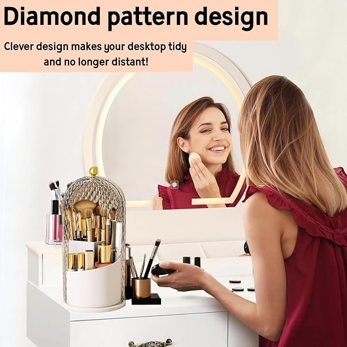 Makeup Brush Holder with Lid，Makeup Brush Storage Box with Diamond Pattern，360 Rotating Waterproof and Dustproof Beauty Brushes Storage for Vanity Bathroom,White
