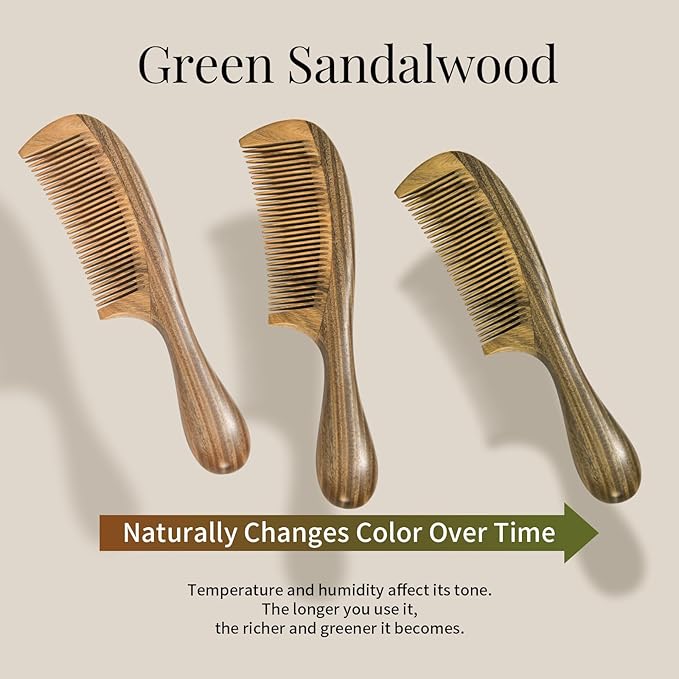 Onedor Handmade 100% Natural Green Sandalwood Hair Combs - Anti-Static Sandalwood Scent Natural Hair Detangler Wooden Comb (Fine Tooth)