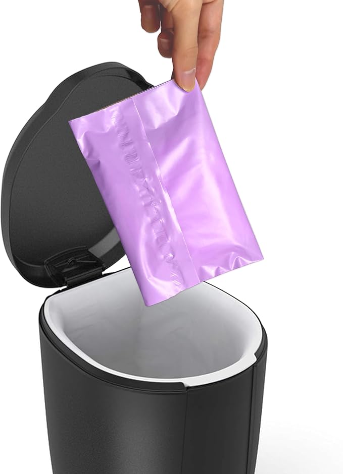 Disposable Sanitary Bags, 200 Pcs, Purple, Self-sealing, Odor-proof, Rectangular, Plastic, 10" x 6" Bags for Feminine Hygiene, Personal Waste, or Pet Waste