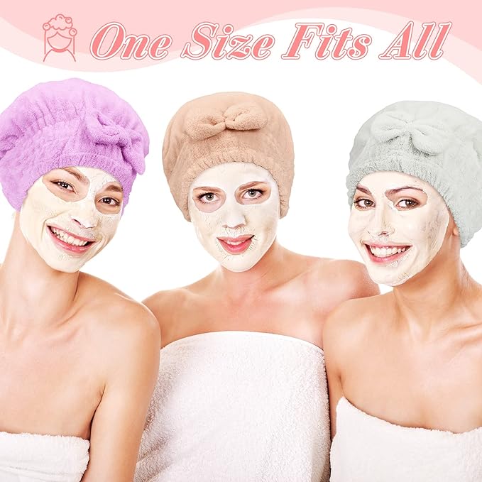 Sureio 4 Pcs Microfiber Hair Drying Towels Fast Drying Shower Cap Ultra Absorbent Hair Turban Head Wrap with Bow Knot Plopping Towel for Women for Curly Long Thick Wet Hair