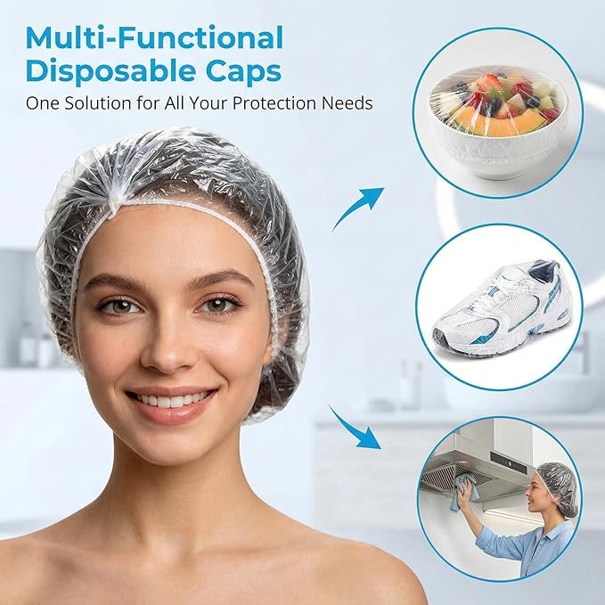 MAQIHAN 100 Disposable Shower Caps Unisex - Large Plastic Hair Caps for Deep Conditioning Shower Cap Reusable Waterproof for Women Men Hair Treatment Bath Cap for Long Hair Travel Essentials