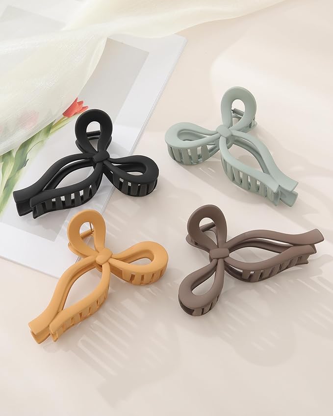 4 PCS Bow Hair Clips Bow Claw Clip for Women Nonslip Large Hair Claw Clips for Thin and Thick Hair Strong Hold Hair Bows (Purple+Rose red+Orange+Light brown)