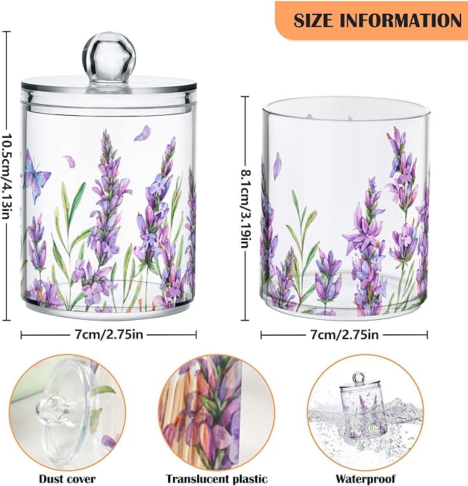 ALAZA 4 Pack Qtip Holder Dispenser for Cotton Ball Lavender Flower Purple Cotton Swab Round Pads Clear Plastic Acrylic Jar Set Bathroom Canister
