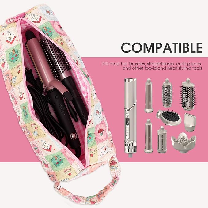 Quilted Hair Tools Travel Bag, Portable Dustproof Carrying Case with Handle for Curling Irons, Flat Irons, Hair Dryers and Styling Tools