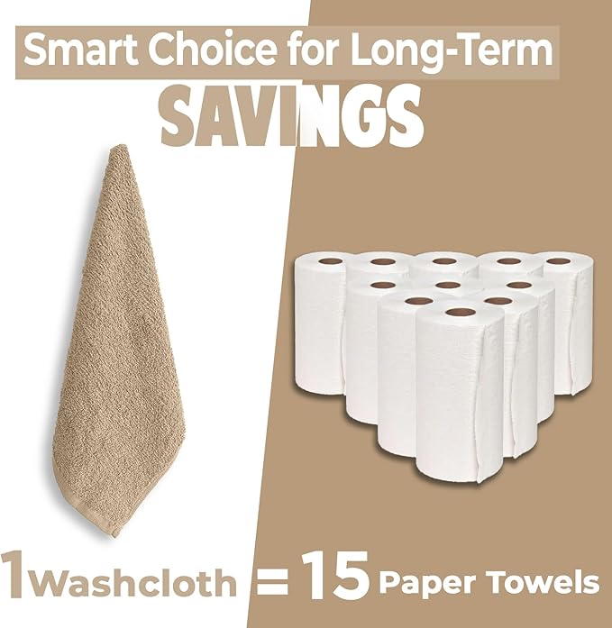 DAN RIVER 12 Pack Wash Cloths for Showering [12x12] - 100% Cotton Washcloths Premium Quality Flannel Face Cloths for Bathroom, Highly Absorbent and Soft Feel Wash Clothes, Tan