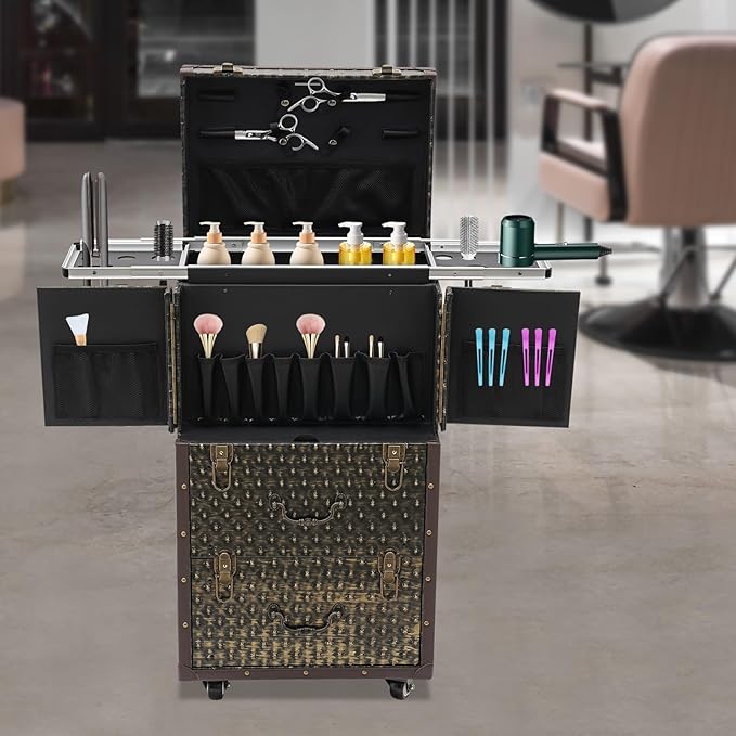 Lockable Makeup Train Case,55.1lbs Rolling Hairdressing Trolley,Beauty Salon Cosmetic Luggage with Universal Wheels for Hair Stylist,Make-up Artists (Brown)