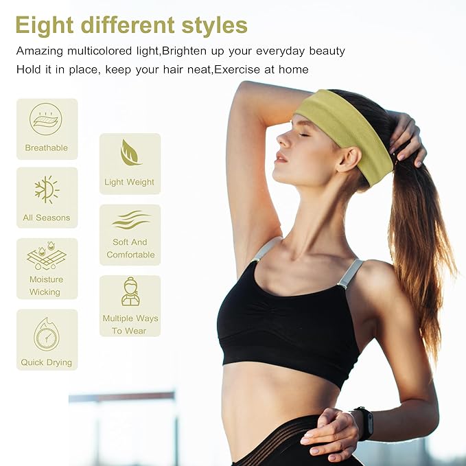 Headbands for Women, 8pcs Stretchy Non Slip Soft Cotton Cloth Hair Bands for Sports, Workout, Yoga and Running