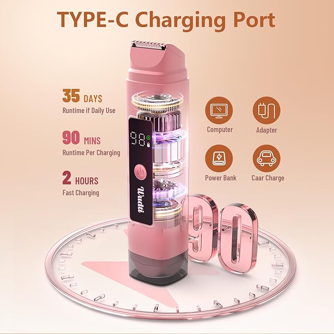 Electric Bikini Trimmer for Women: IPX7 Waterproof Dual Head Cordless Electric Shaver for Women with LED Display & 0.5mm Ceramic Blades for Pubic Hair, Face, Legs - Tea Rose