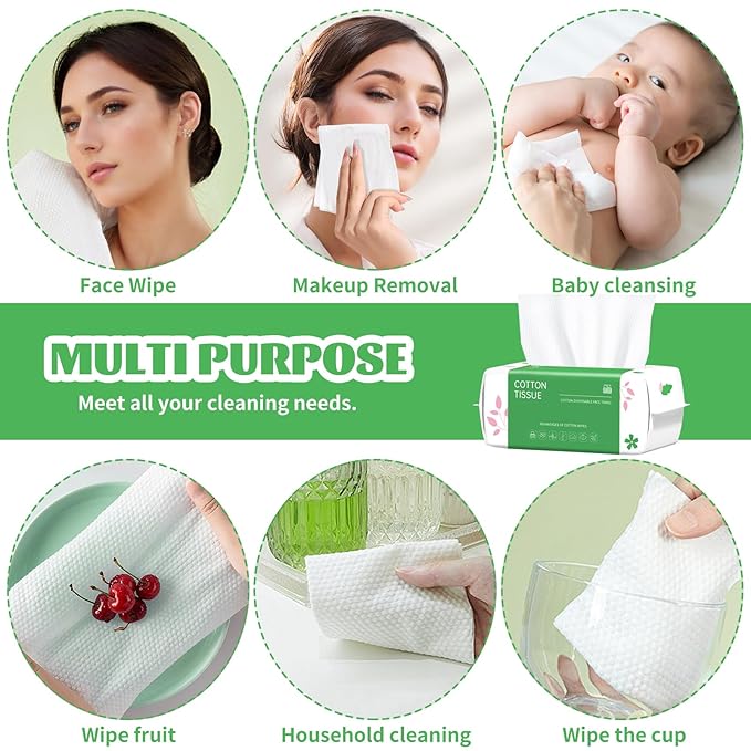 Disposable Face Towel, 200 Count Biodegradable Face Towels, for Washing Soft Cotton Dry Wipes Facial Cloths Towelettes for Washing and Drying, Facial Tissue for Cleansing