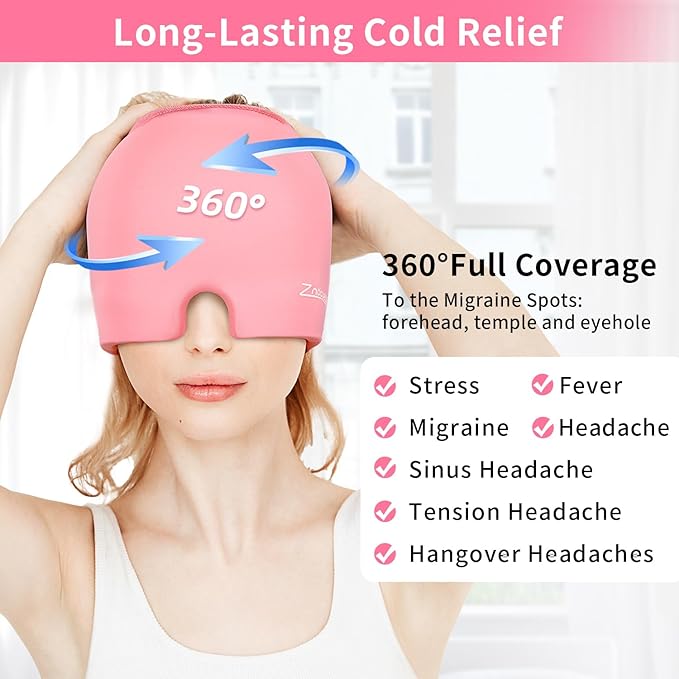 ZNÖCUETÖD Migraine Headache Relief Cap Hat Full Head ice Pack Wrap Cooling Gel Ice Beanie Cold Cap Hot/Cold Compress Therapy for Sinus, Stress, Tension, Head Pain Relief, Gift for Women