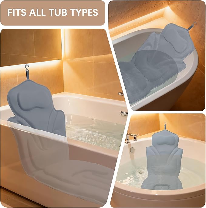 Ergonomic Full Body Bath Pillow for Bathtub, 5D Luxury Spa Cushion with 114 Non-Slip Suction Cups, Extra Long Thick Bath Pillow for Full Body Support, for Adult with Laundry Bag & Hook (Grey) (Gray)