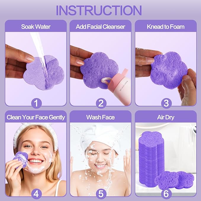 100-Count Facial Sponges Compressed Facial Sponges Natural Facial Cleansing Sponges Pads Cute Flower Shape Exfoliating Sponges for Cleansing Reusable,Best Makeup Gift, Purple