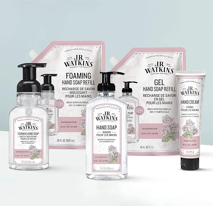 J.R. Watkins Foaming Hand Soap with Pump Dispenser,Moisturizing Foam Hand Wash,Alcohol-Free,Cruelty-Free,eau de rose,9 fl oz,(Pack of 6)