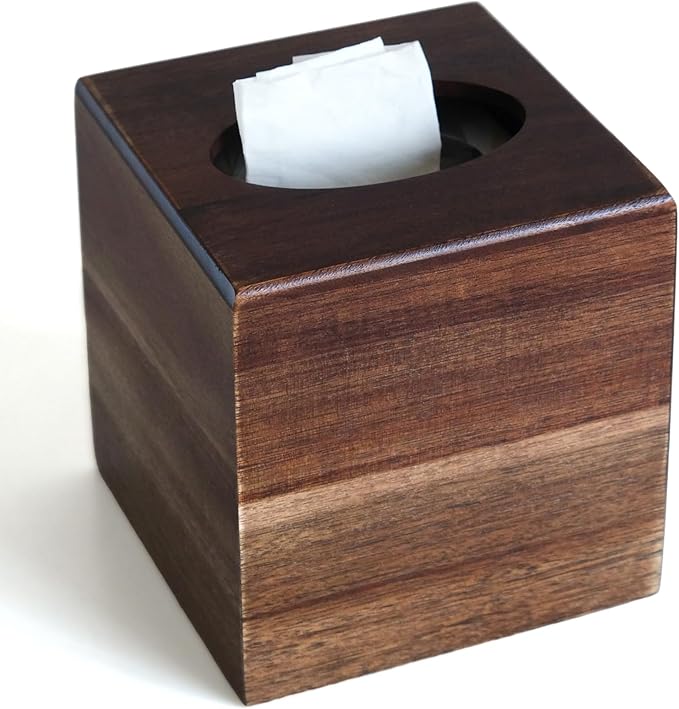Wood Tissue Box Cover， Acacia Wood Tissue Box Cover Square, Decorative Cube Facial Wooden Tissue Box Holder with Slide-Out Bottom for Bathroom, Bedroom, Dinner Table, Office, Kitchen
