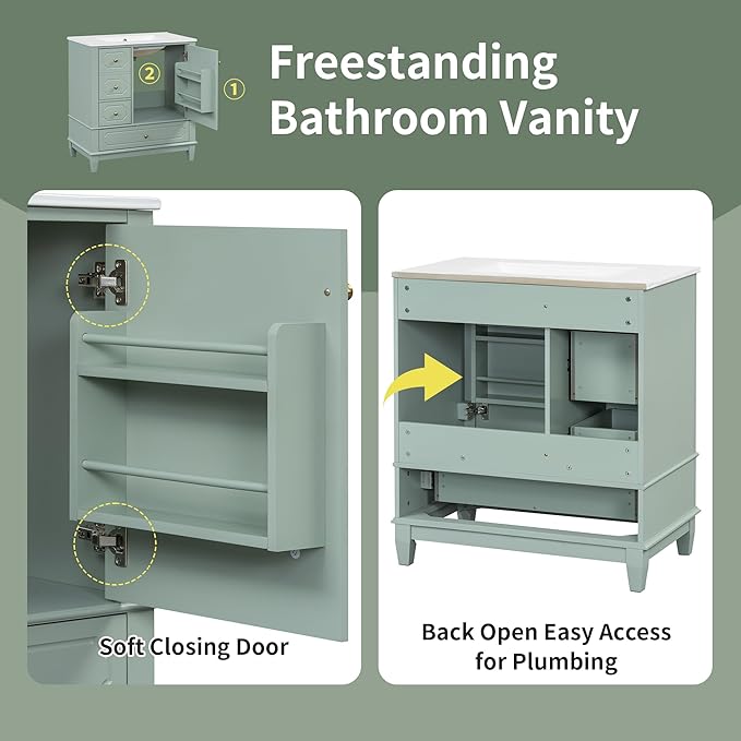 30" Bathroom Vanity with Sink, Harper & Bright Designs Free Standing Single Vanity Set with 3 Drawers and One Door with Storage Racks, Wood Storage Cabinet with Ceramic Basin for Bathroom, Light Green