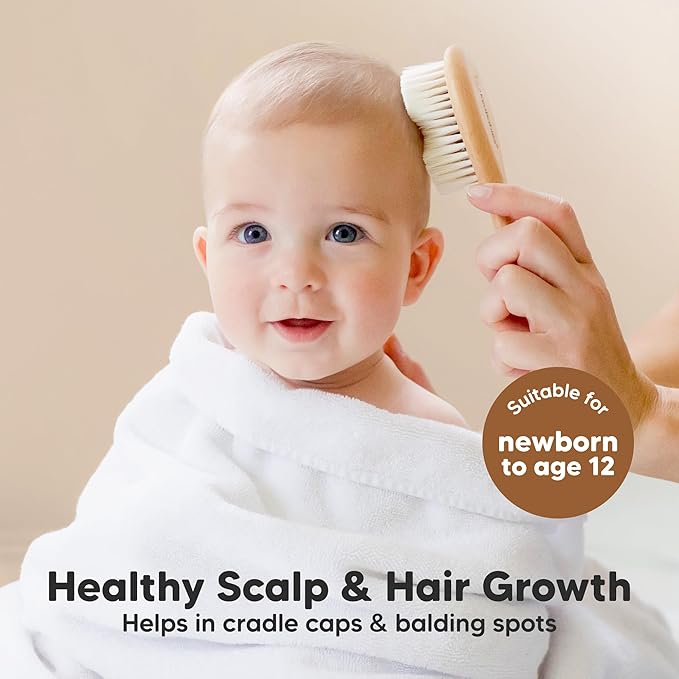 Wooden Baby Hair Brush - Cradle Cap Baby Brush with Soft Goat Bristles, Perfect Gentle Scalp Newborn Comb for Infant, Girls, Boys, Bath Essentials (Walnut, Petite)