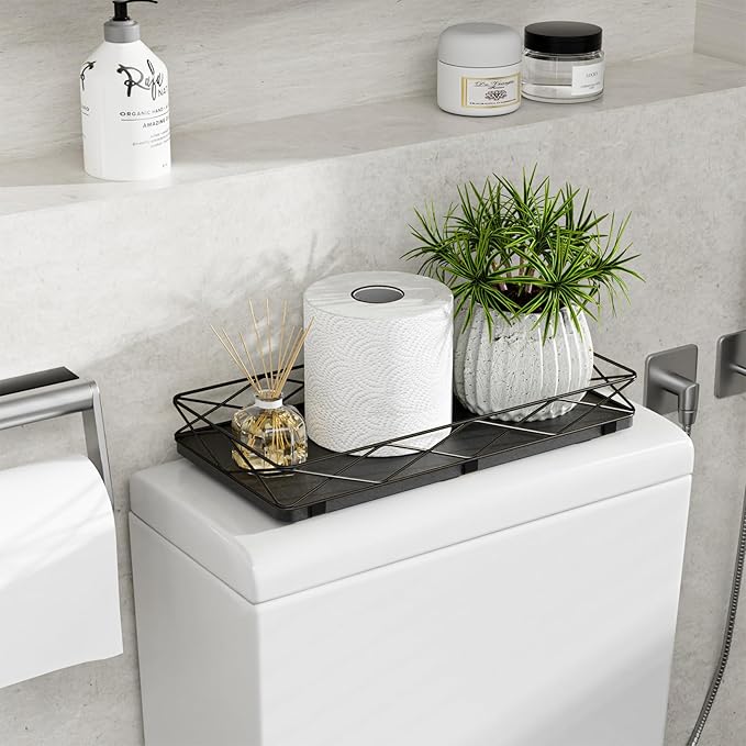 Toilet Paper Basket Holder, 13" Toilet Tank Tray, Wood and Metal Toilet Tray Vanity Organizer Bathroom Tray, Kitchen Sink Organizer for Soap Dispenser (Black)