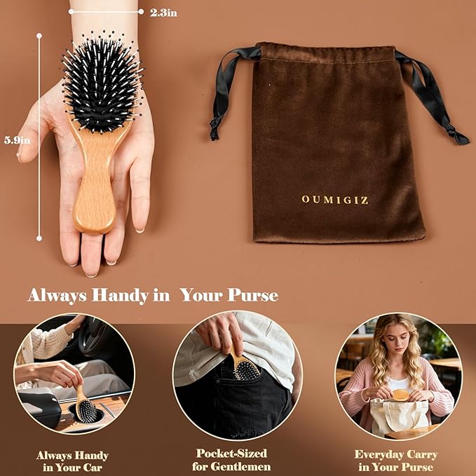 Mini Boar Bristle Hair Brush Since 1965 British Craftsmanship, Handmade Natural Wooden Small Hairbrush, Soft Bristles Gentle Detangling Smoothing Women Men Kids Long Curly Thick,Thin, Fine Hair