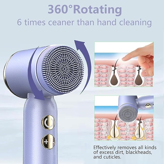 6-in-1 Facial Cleansing Brush Electric Face Scrubber – 3-Speed Waterproof Spin Brush with 6 Replacement Heads, Rechargeable Deep Pore Cleanser for Dry, Oily & Sensitive Skin (Purple)