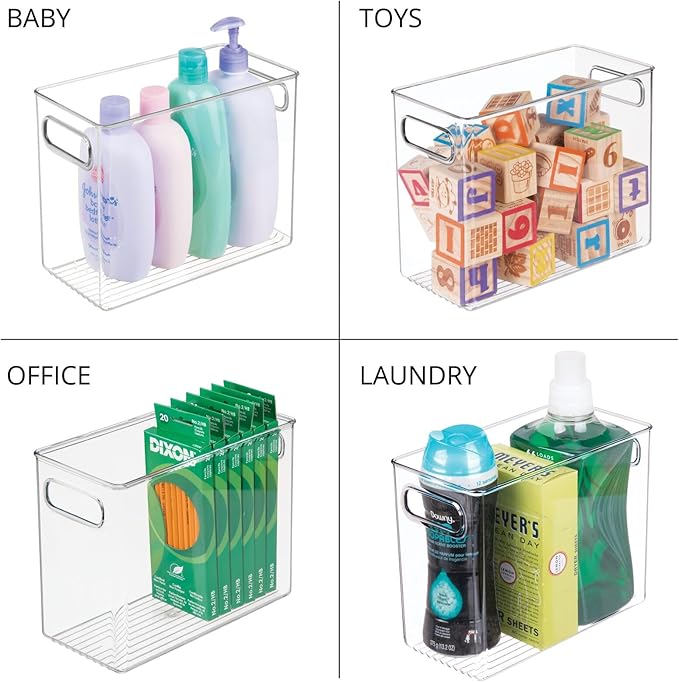 mDesign Tall Modern Stackable Plastic Storage Organizer Bin Basket with Handles for Bathroom Vanity Organization - Shelf, Cubby, Cabinet, or Closet Organizing Decor - Ligne Collection - Clear