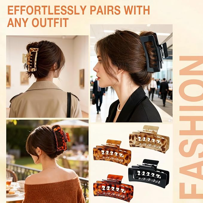 4 PCS Extra Large Claw Clips for Thick Hair, 5 Inch Jumbo Square Hair Clips for Women, Strong Hold Double Teeth Claw Clip for Hat, Non Slip Rectangle Jaw Clips Hair Accessories, Tortoise & Black