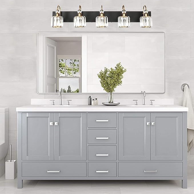 Ralbay Modern LED Bathroom Vanity Lights 5-Lights Crystal Vanity Lights Over Mirror Modern Black Bathroom Vanity Lighting Fixtures
