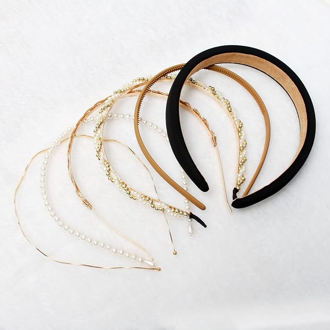 6PCS Different Designs Headbands for Women Gold Metal Hairband,Cute Pearl Hair Bands for Girls,Twisted Head Band,Black Padded Head Bands Set…