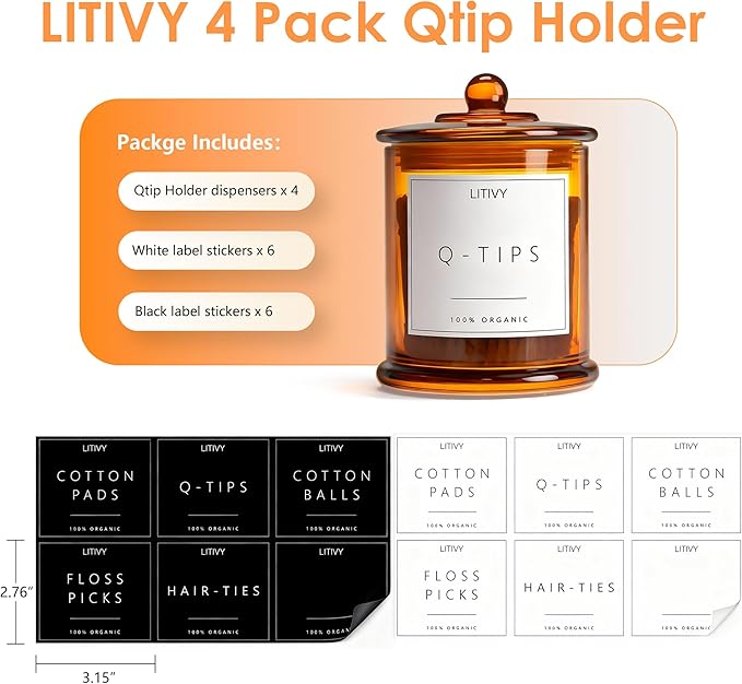 4 Pack Bathroom Organizers and Storage - 16 Oz Glass Qtip Holder & Cotton Pad Dispenser with Lid, Apothecary Jars for Home, Room Decor, Kitchen Organizer (Amber)