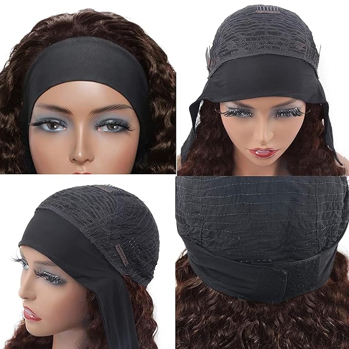 Aiterina Headband Wig Human Hair Headband Wig Deep Wave Human Hair Wigs for Black Women Glueless Human Hair Wigs Machine Made 150% Density No Lace Deep Headband Wig Chocolate Brown 20 inch