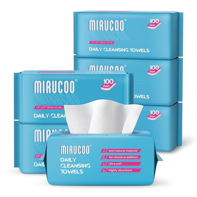 100 Sheet Daily Cleansing Towels Ultra Soft Dry Wipes for Sensitive Skin Disposable Facial Washcloths 100% Organic Viscose (Pack of 6)