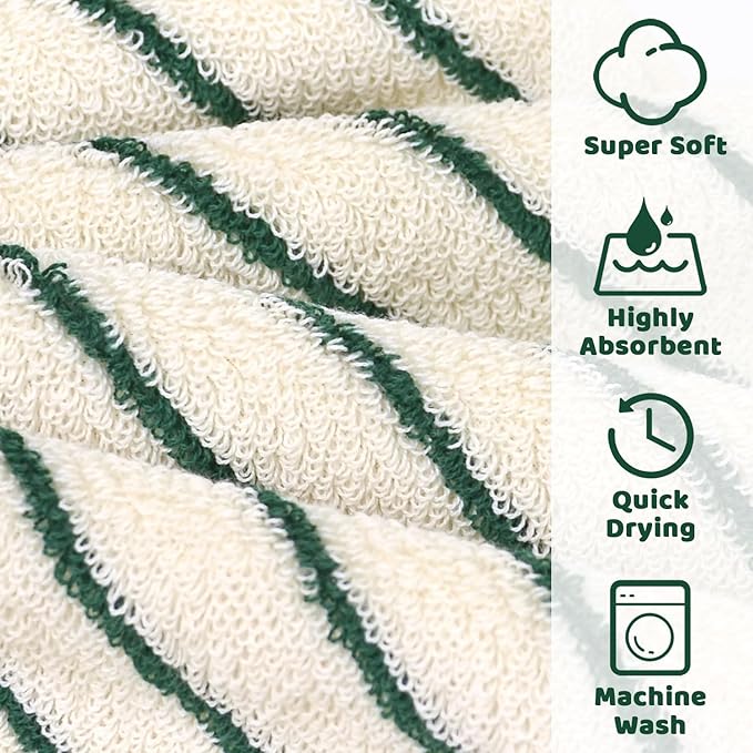 Jacquotha Striped Cotton Washcloths 12 Pack, 13” x 13” - Soft Wash Cloths for Bathroom, Kitchen, Gym, Face, Green and Cream
