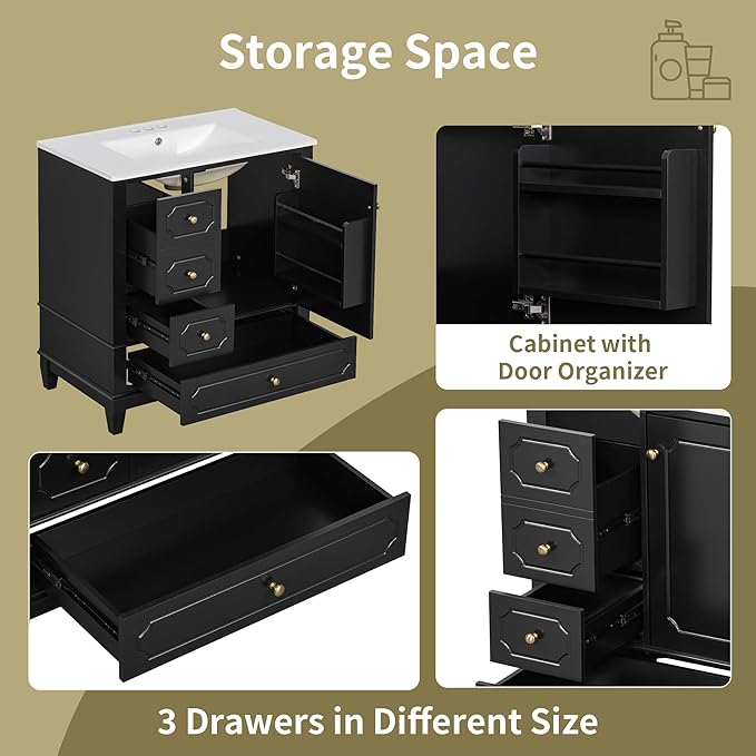 30" Bathroom Vanity with Sink, Harper & Bright Designs Free Standing Single Vanity Set with 3 Drawers and One Door with Storage Racks, Solid Wood Storage Cabinet with Ceramic Basin for Bathroom, Black
