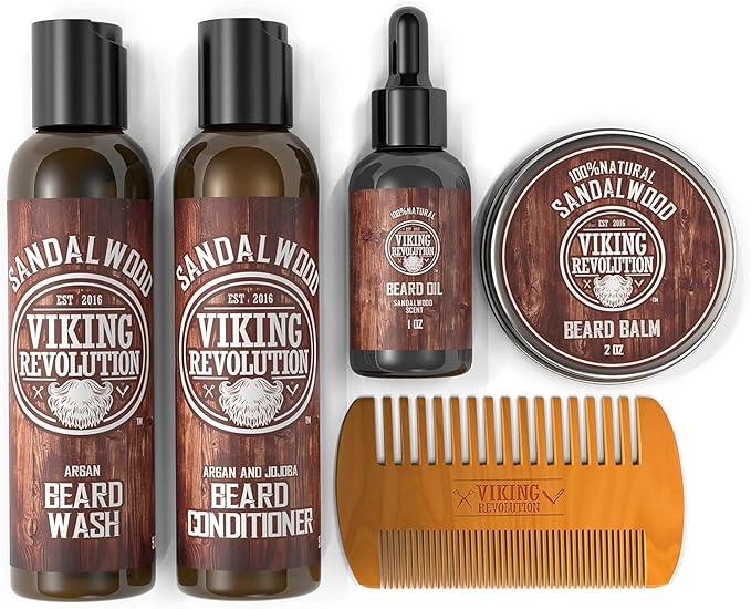 Viking Revolution Ultimate Conditioner for Men's Beard Grooming - Softens, Smoothes and Soothes Beard Itch- Contains Wash, Conditioner, Oil, Balm and Comb- Sandalwood Scent