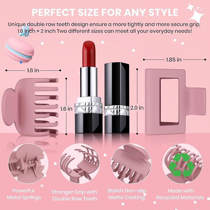 8 PCS Medium Hair Clips for Women Girls - 2 Styles Rectangle and Double Row Teeth Small Claw Clips for Thin Thick Fine Hair, Matte Non-slip Strong Hold Jaw Clips Hair Accessories (Colorful)
