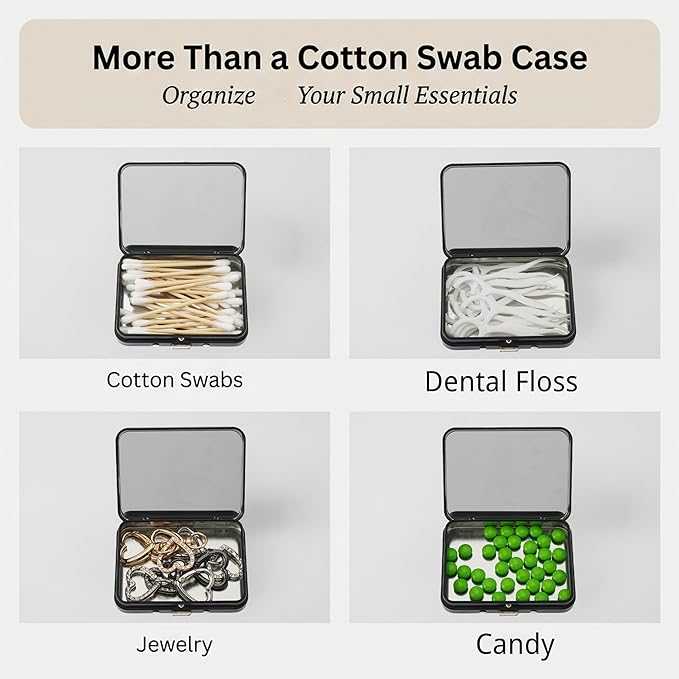 Bling Cotton Swab Holder for Travel,2PCS Portable Floss Pick Holder Case with Mirror,Storage Box for Cotton Swabs, Dental Floss, Hair Ties, and Small Essentials(Black)