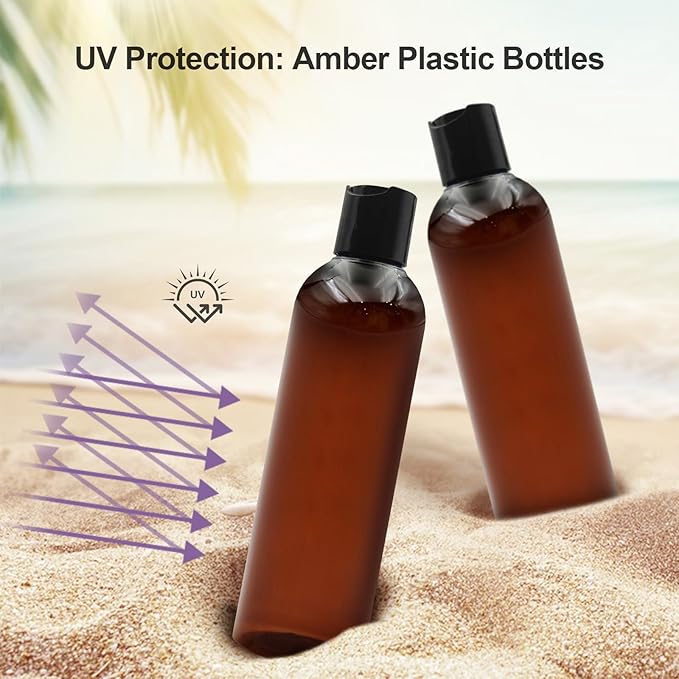 6 Pack 8 oz Amber Plastic Squeeze Bottles with Black Disc Caps Refillable Empty Travel Containers Bottles for Shampoo Conditioner Toiletries Lotions Oils BPA Free