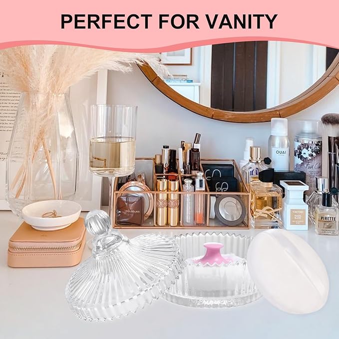 LAKIRA Large Body Powder Puff and Container, 2 Large Powder Puffs, Crystal Powder Container with 3.93" Puff for Baby Women, Dusting Powder Container with Puffs for Women, Bath, Home Use (4″ Pure)