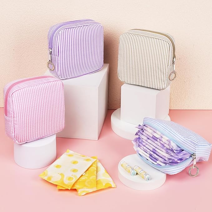 Period Bag for Teen Girls, Stripes Sanitary Napkin Storage Bag with Ring Buckle, Menstrual Pad Pouches Tampon Holder for Purse (Khaki)